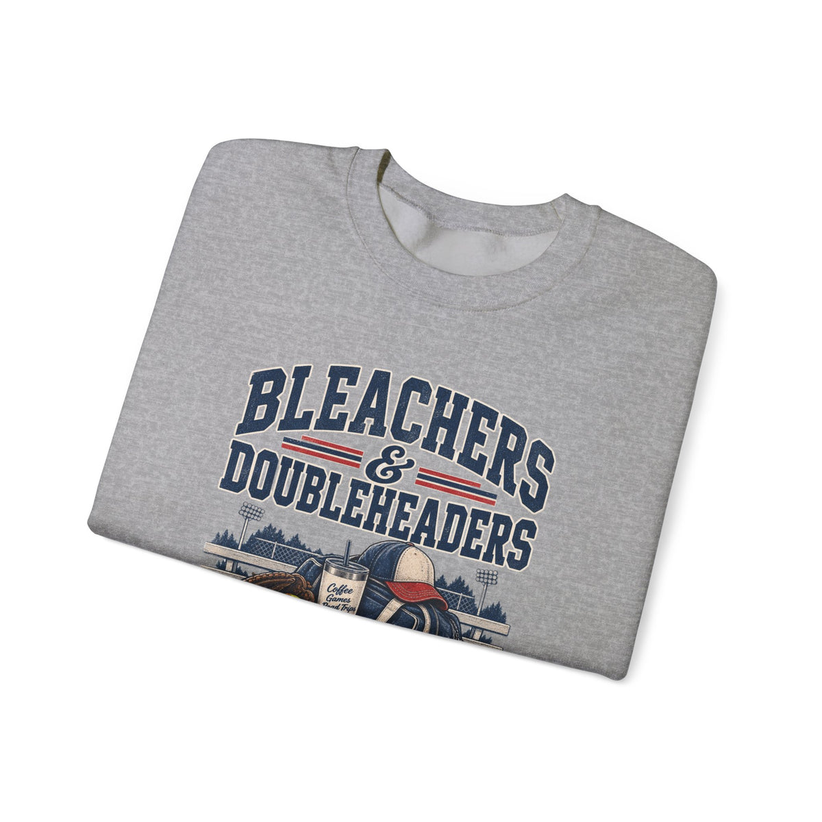 Bleachers & Doubleheaders — draft tee mockup (crewneck stand-in until Printify 1717 mockups)