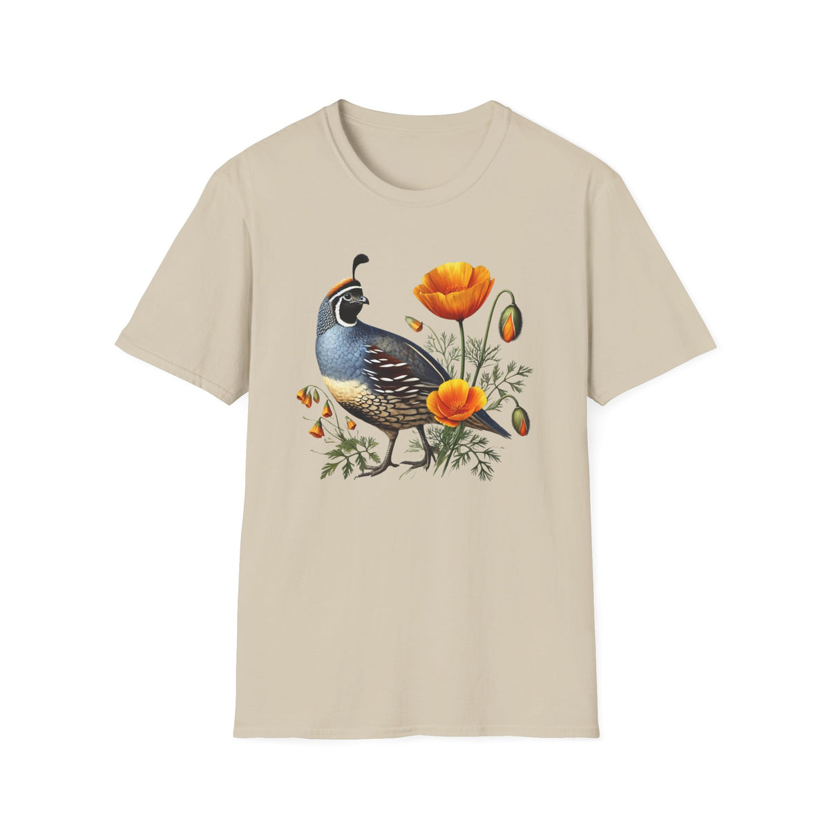 California Quail & Poppy Tee – State Bird and State Flower