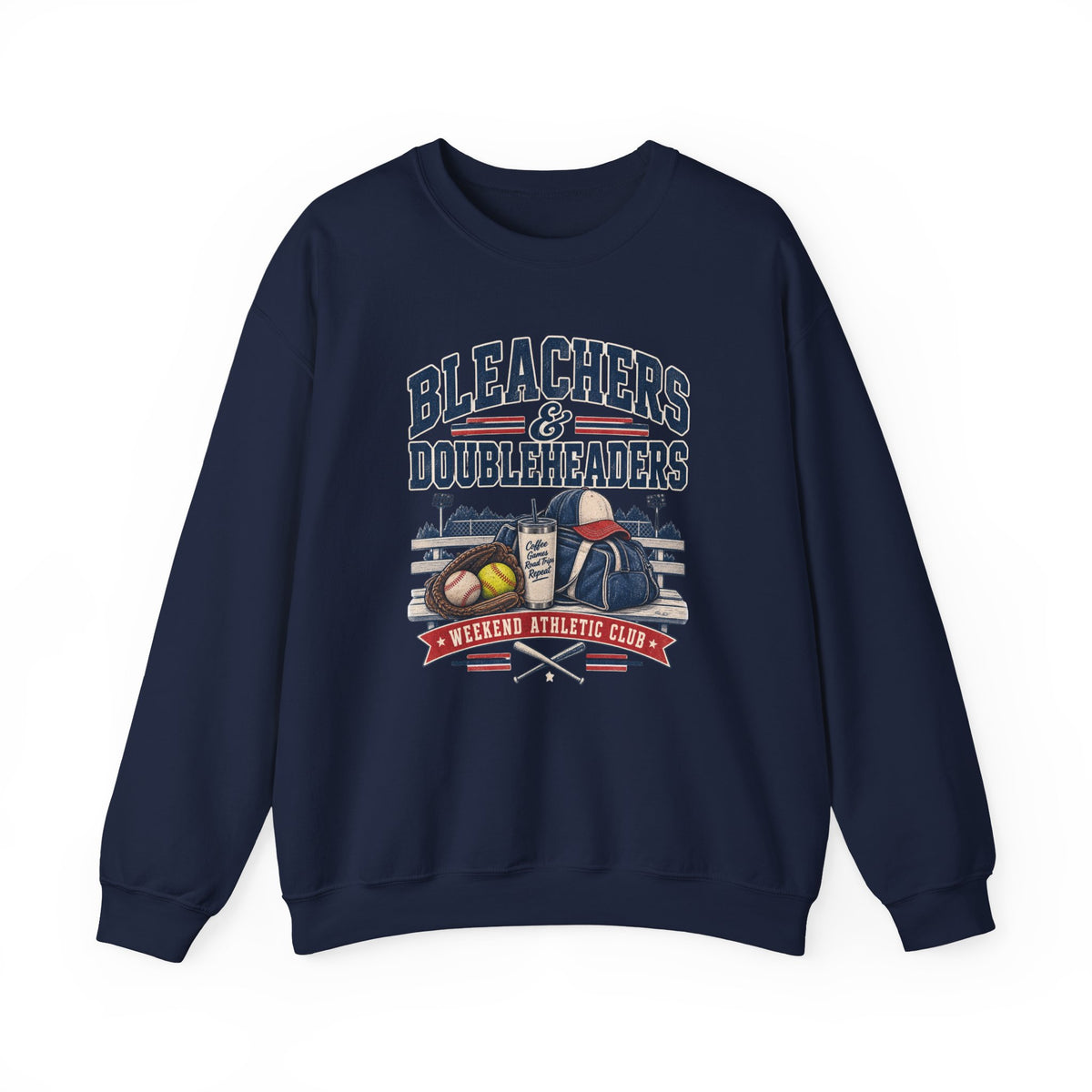 Bleachers & Doubleheaders — draft tee mockup (crewneck stand-in until Printify 1717 mockups)