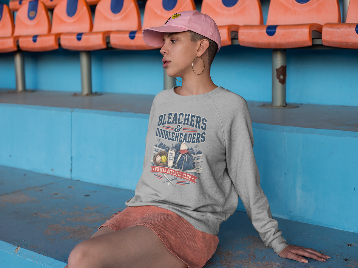 Bleachers & Doubleheaders — draft tee mockup (crewneck stand-in until Printify 1717 mockups)