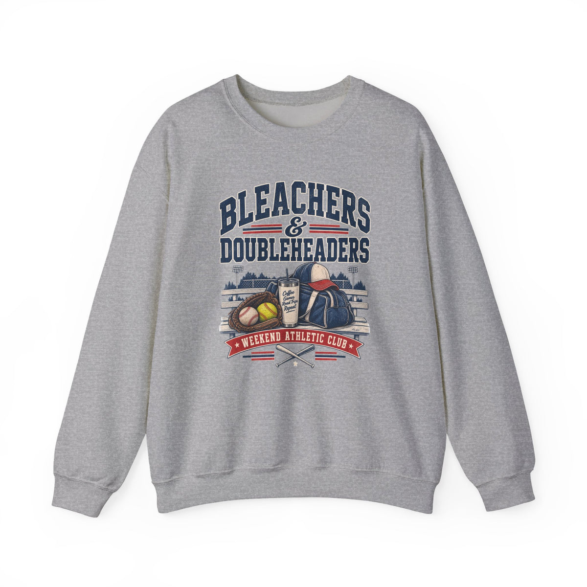 Bleachers & Doubleheaders — draft tee mockup (crewneck stand-in until Printify 1717 mockups)