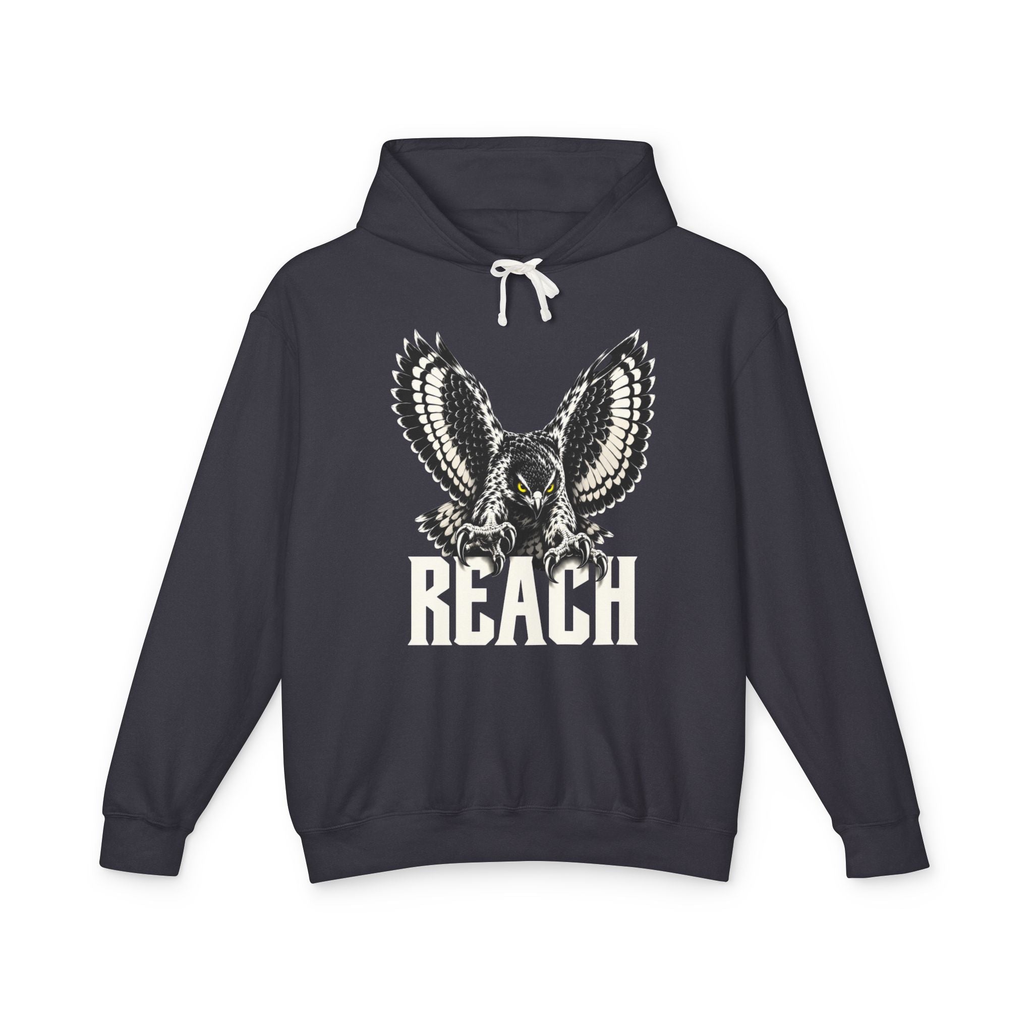 Reach Hawk Hoodie — flat-lay front print; hawk with talons reaching toward the catch; The Pursuit stage (Go after it); black Comfort Colors 1467