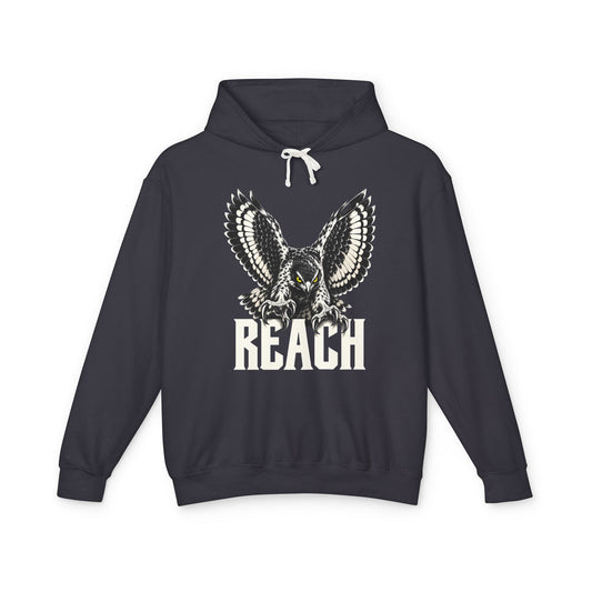 Reach Hawk Hoodie — flat-lay front print; hawk with talons reaching toward the catch; The Pursuit stage (Go after it); black Comfort Colors 1467