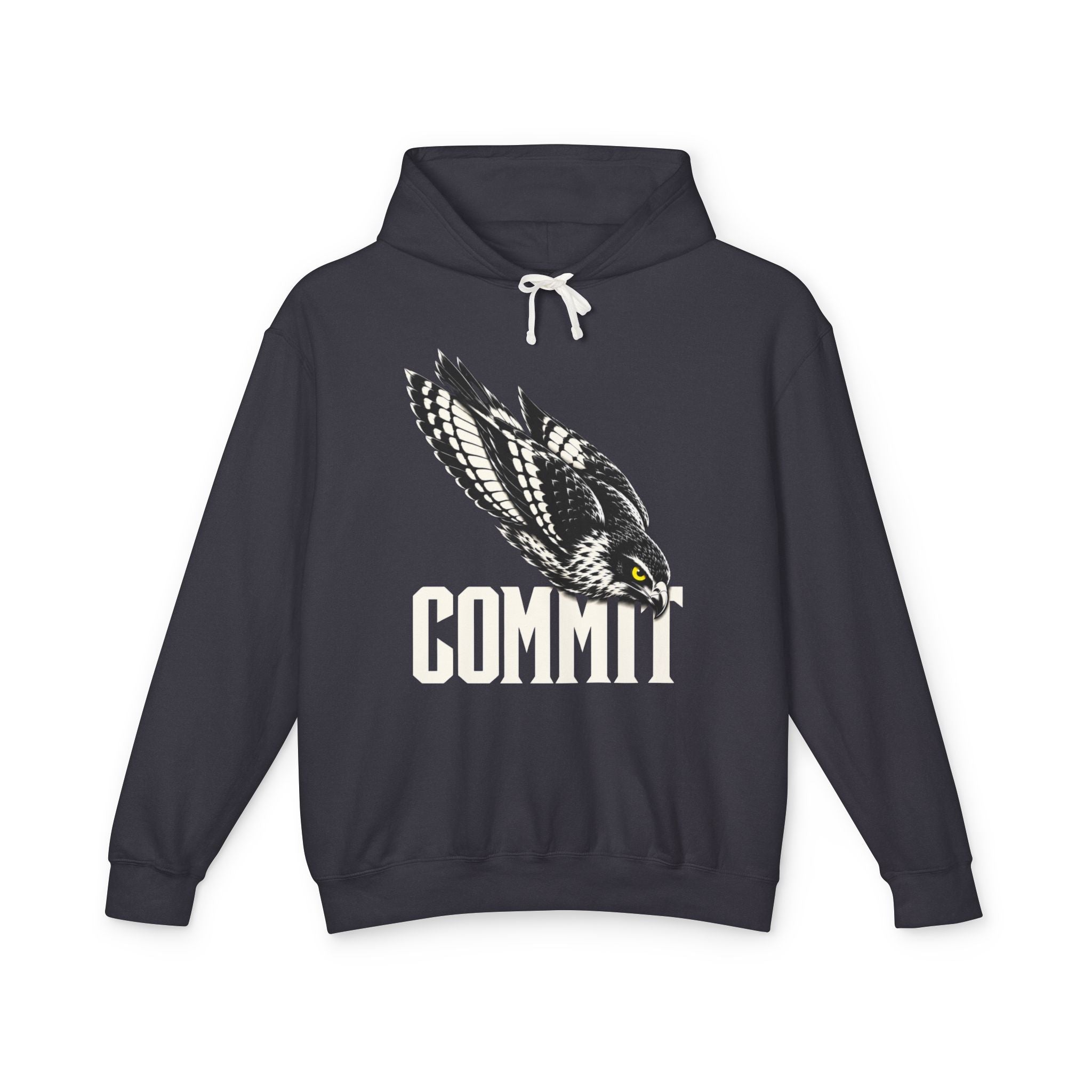 Commit Hawk Hoodie — flat-lay front print; hawk committed into the dive; The Pursuit stage (Choose your moment); black Comfort Colors 1467
