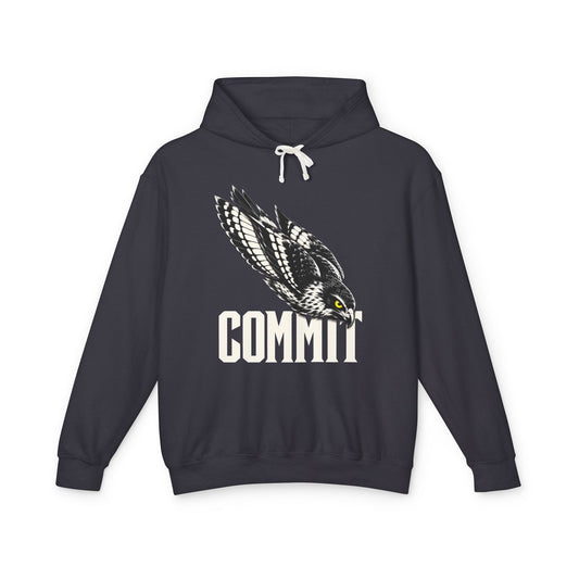 Commit Hawk Hoodie — flat-lay front print; hawk committed into the dive; The Pursuit stage (Choose your moment); black Comfort Colors 1467