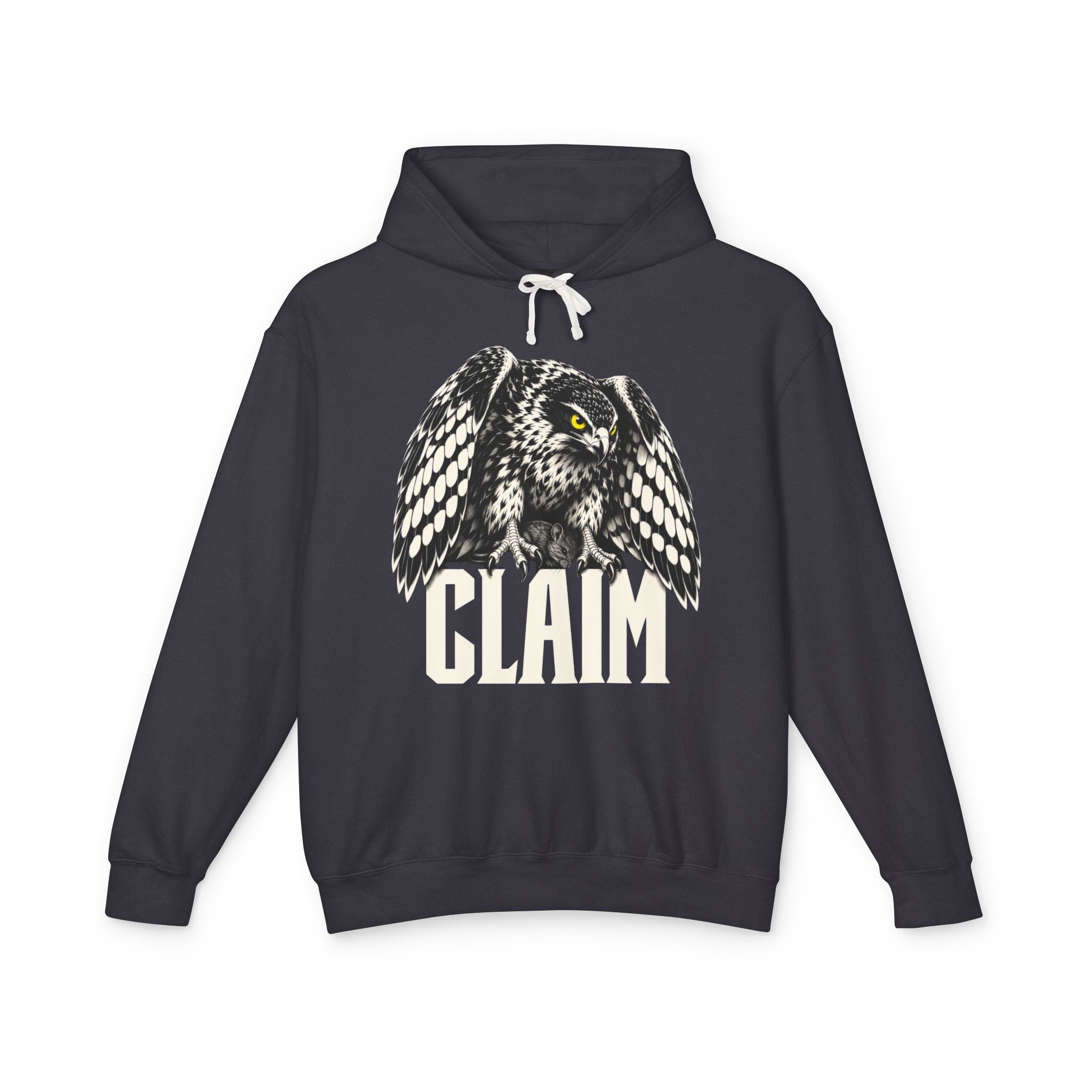 Claim Hawk Hoodie — flat-lay front print; hawk with the catch claimed and secured; The Pursuit stage (Earn the outcome); black Comfort Colors 1467