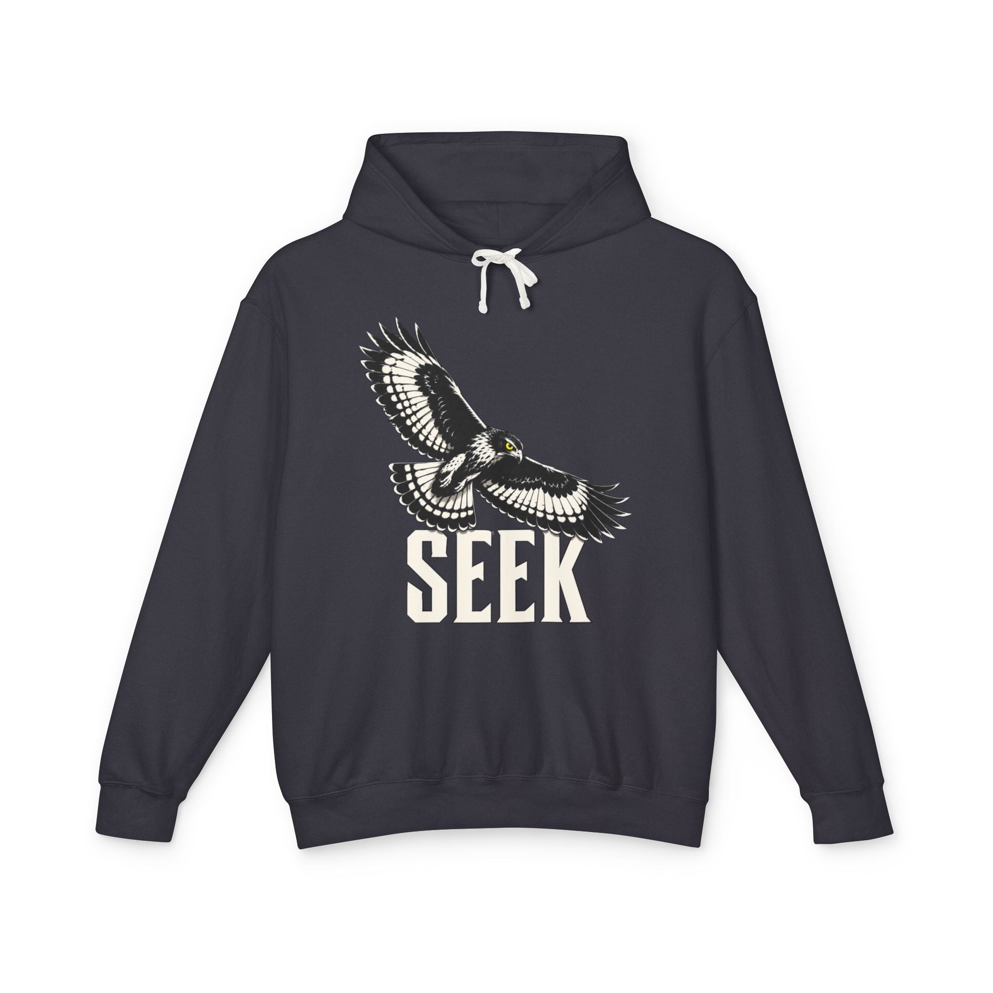 Seek Hawk Hoodie — flat-lay front print; hawk scanning the field; The Pursuit stage (Find your opportunity); black Comfort Colors 1467