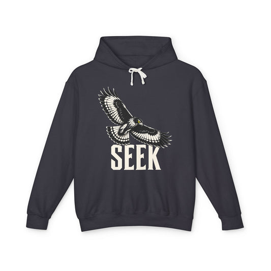 Seek Hawk Hoodie — flat-lay front print; hawk scanning the field; The Pursuit stage (Find your opportunity); black Comfort Colors 1467