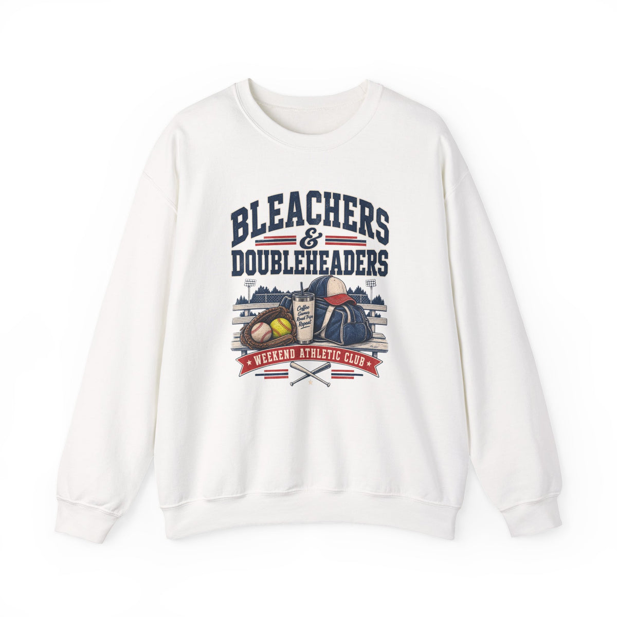 Bleachers & Doubleheaders — draft tee mockup (crewneck stand-in until Printify 1717 mockups)