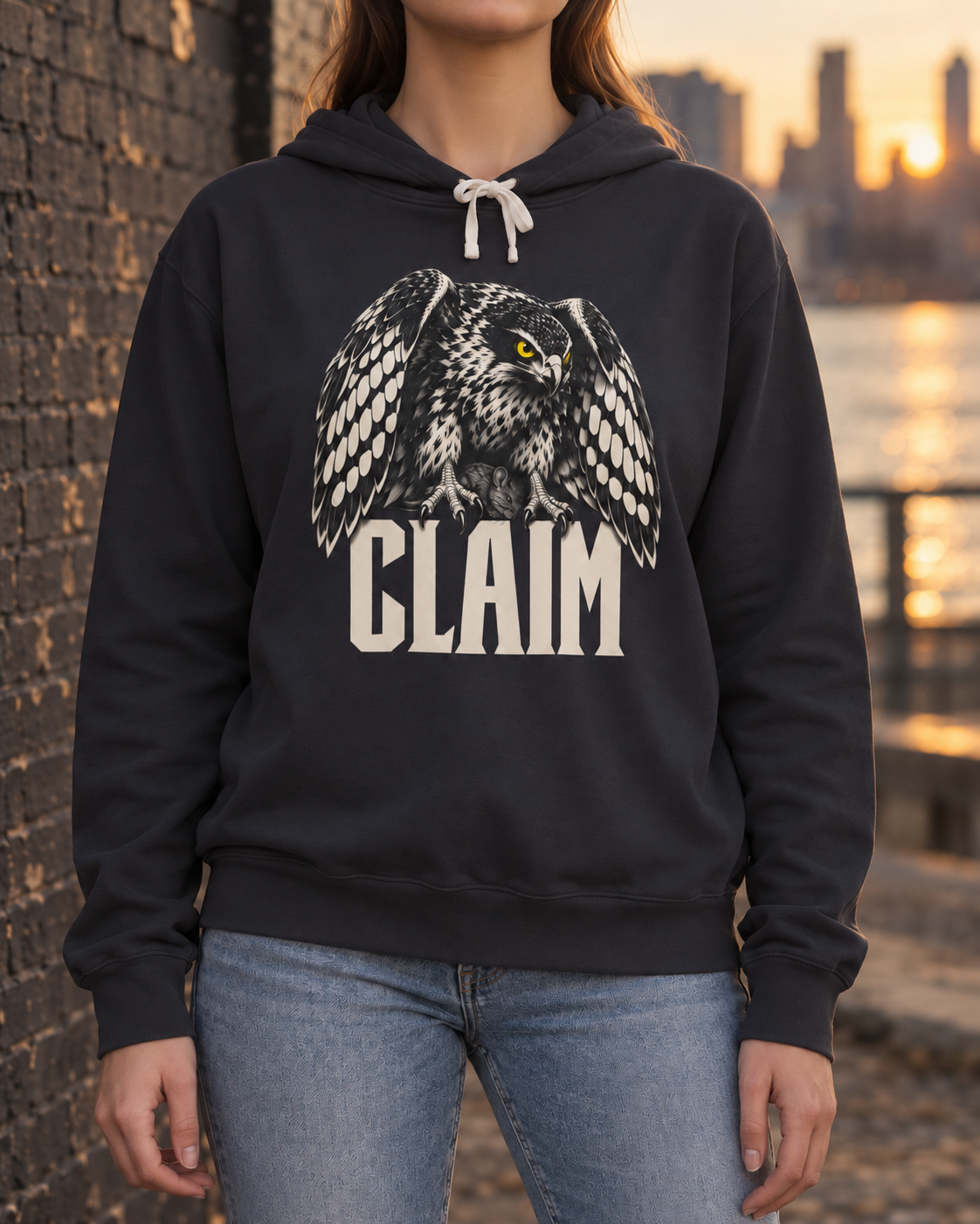 Claim Hawk Hoodie — generated lifestyle scene; styling reference, not fabric proof