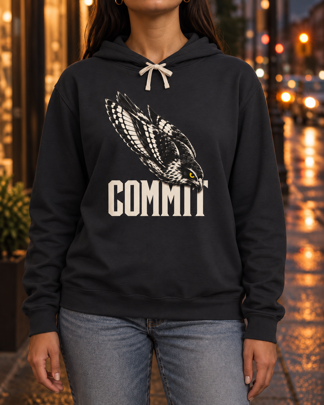 Commit Hawk Hoodie — generated lifestyle scene; styling reference, not fabric proof