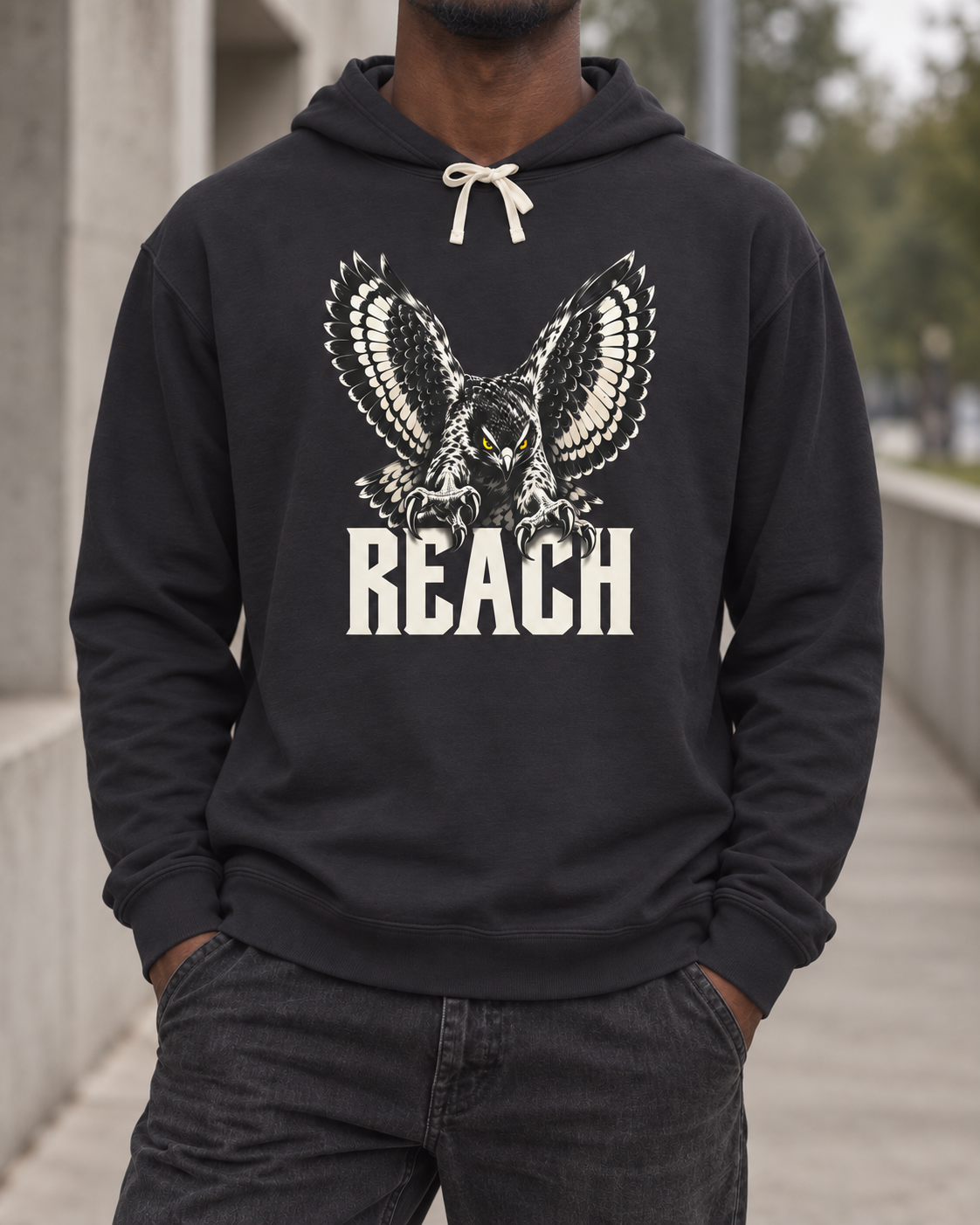Reach Hawk Hoodie — generated lifestyle scene; styling reference, not fabric proof