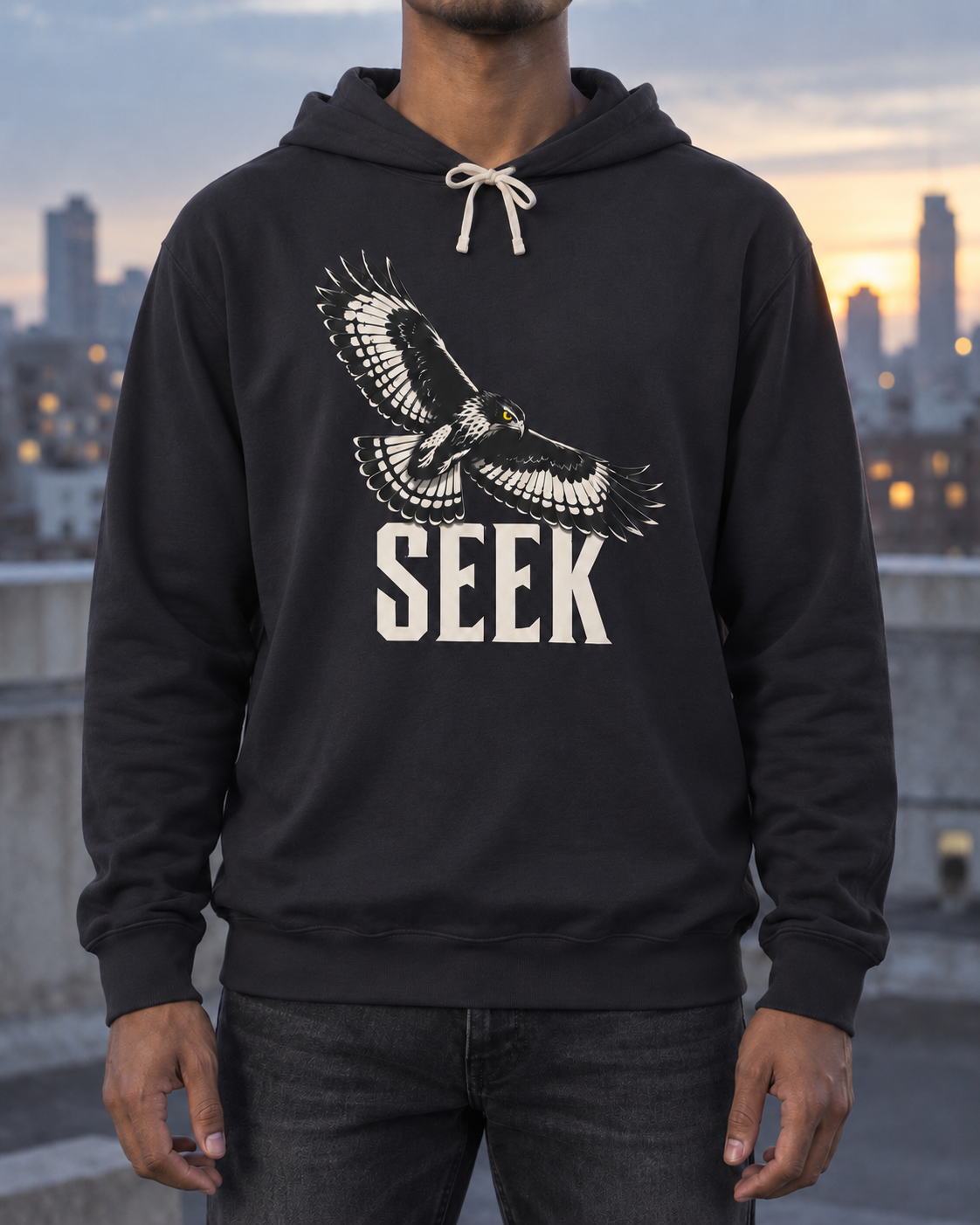 Seek Hawk Hoodie — generated lifestyle scene; styling reference, not fabric proof