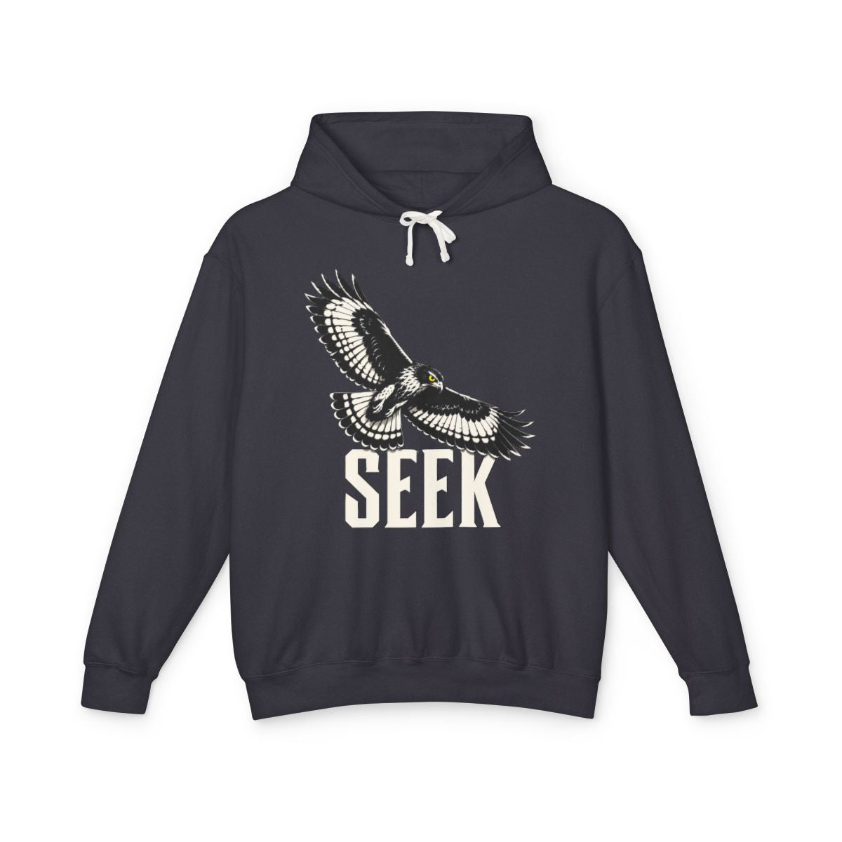 Product mockup: a black-and-white bird in flight above the word SEEK on a Black hoodie